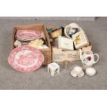 Two boxes of miscellaneous, Alfred Meakin, Coalport, Royal Tudor Ware, examples plates, jug, money
