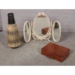 A triple dressing table mirror, large vase and wooden box