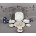 A mixed group lot of miscellaneous to include pair of large silver plate candelabra, Shelley,