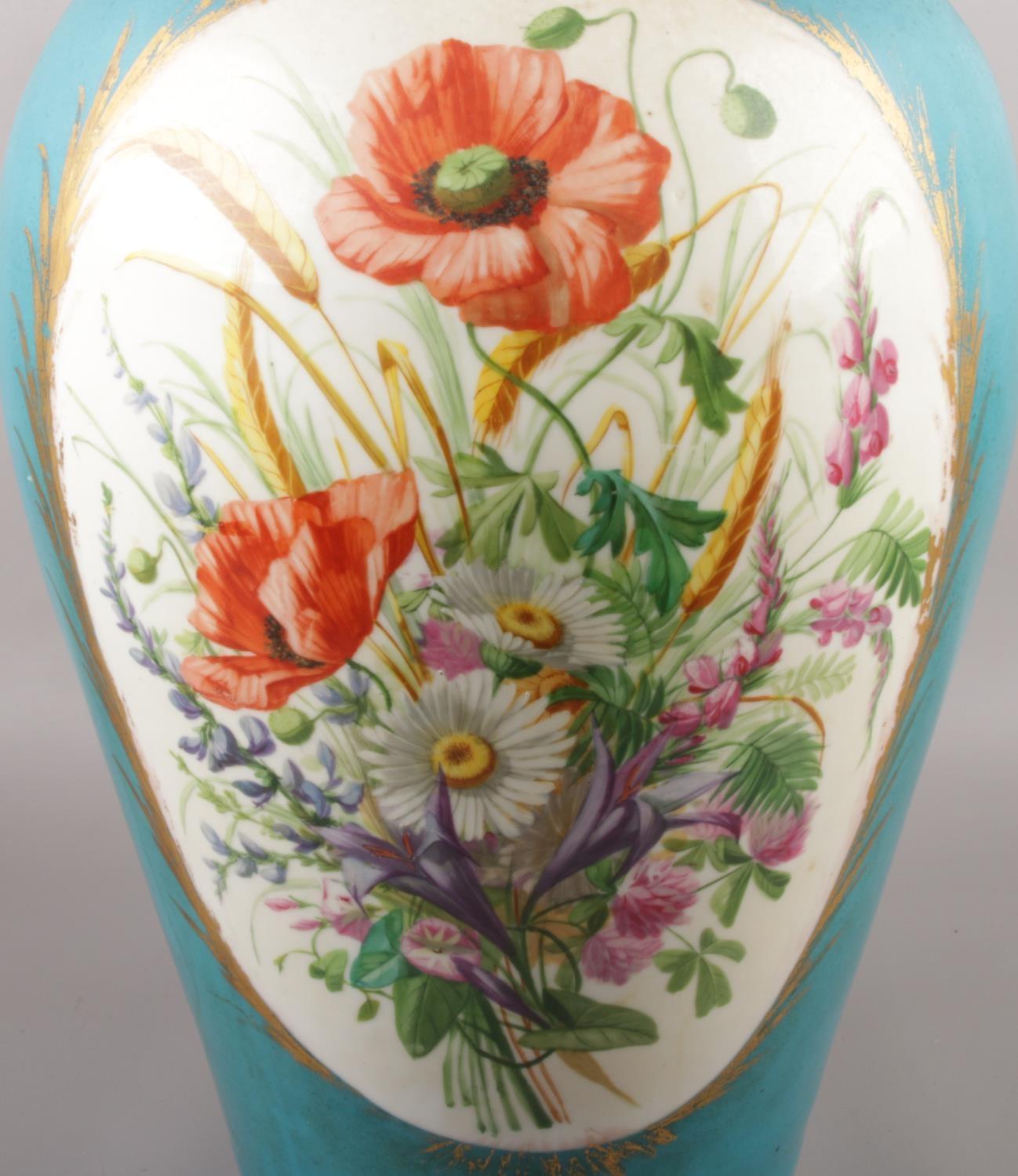 A large 19th century French Sevres style vase, with hand painted panels depicting figures and - Image 4 of 5