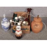 A box of miscellaneous to include West German pottery vase, table lamps, barometer etc.