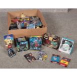 A box of mainly collectable toy figures, Star Wars, Doctor Who, Batman examples, to include mugs,