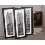 Three framed American scene prints along with a gilt framed bevel edge mirror.