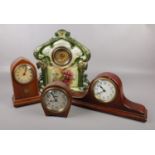 A collection of clocks, to include mahogany lancet clock, pottery example etc.