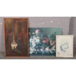 Three framed pictures to include oil on board still life of bottles etc.