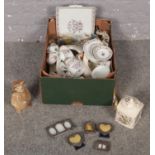 A box of miscellaneous to include Masons, E.T money box, miniature silver plate photo frames,