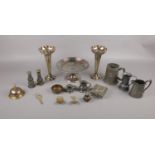 A box of assorted metal ware to include, a Pewter tankard presented to H.Charles by Everard's