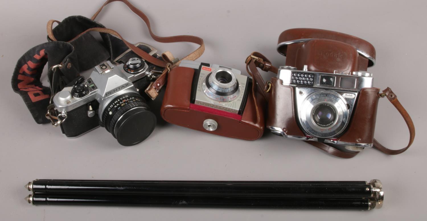 Three SLR cameras to include Pentax Me Super camera, Kodak coloursnap 35 camera, Kodak Retinette