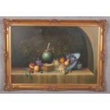 Possibly Bedlington, gilt framed oil on canvas, still life fruit. (60cm x 90cm).