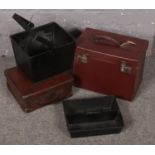 Two leather carry cases along with a metal swing handle basket.