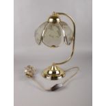 A decorative desk lamp with six petal leaf glass shade and metal fixtures. Please note this lamp