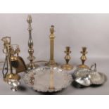 A collection of metalwares, to include silver plate serving tray, tale lamps, candlesticks, small