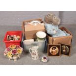 Four boxes of miscellaneous, Silent night hippo soft toy, ceramic vases, plates etc