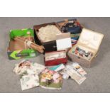 Three boxes of sewing equipment, sewing box with thread, needles, accessories, vintage dress