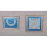 Two framed examples of Branscombe Point lace in the form of a collar and handkerchief.