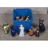 A box of miscellaneous to include oriental figures, art glass, twin handled vase, etc.