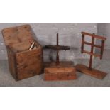 A collection of woodenwares to include vintage retort stands, wooden crate, White Horse Whiskey box,
