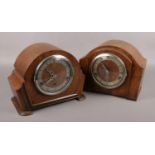 Two mahogany 8 day Westminster chime mantel clocks. One with pendulum and key. One lacking chime