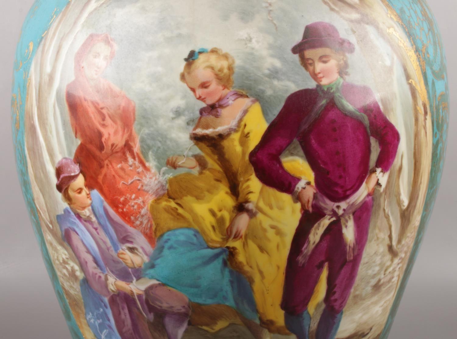 A large 19th century French Sevres style vase, with hand painted panels depicting figures and - Image 2 of 5