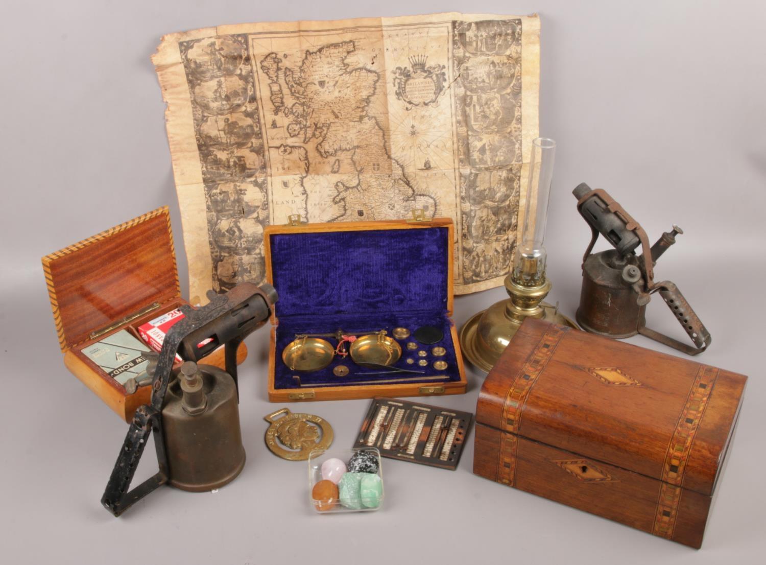 A group lot of collectables to include Map, blow torches, gem stones, wooden boxes, boxed scales,