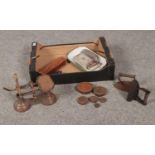 A box of miscellaneous, two vintage irons, Avery cast iron weights, vintage weighing scales,