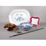 A collection of mainly ceramics, Rockingham Square dish, Brameld meat plate, oriental blue & white