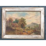 A framed 19th century oil on canvas, continental rural scene with cottage and figures. (20.5cm x