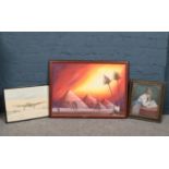 Three framed various pictures, comprising of a Pyramid scene (oil on canvas) and WW2 Lancaster