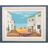 A framed oil on board, coastal street scene with figures. (31.5cm x 43cm).