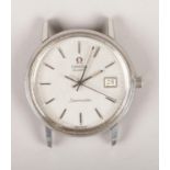 A gents stainless steel Omega Seamaster quartz wristwatch head with date display and baton