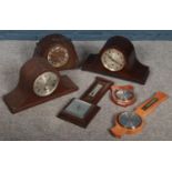 A box of mostly mantel clocks to include Bentina, oak cased dome top Westminster chime example,