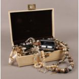 A Jewellery box & costume jewellery. Beads, bangles, necklaces examples etc