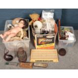 Three boxes of miscellaneous. Including lantern, angle poise lamp, doll, vintage teddy, etc.