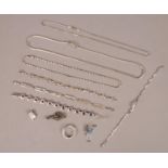 A collection of silver jewellery. Including silver chains, pendants, bracelets, etc. 74g gross.