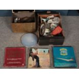 Two boxes of miscellaneous. To include ceramics, glassware, records, brass wall plaques, etc.
