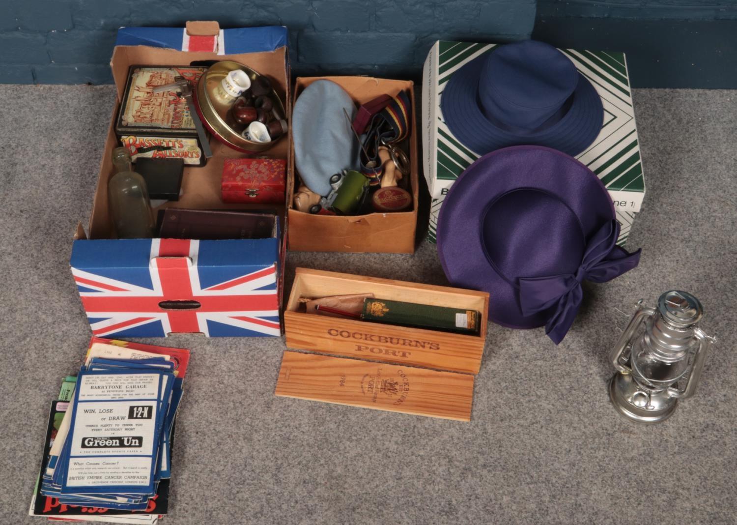 A quantity of miscellaneous. Including hats, pipes, lantern, football programmes, coins, etc.