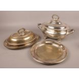 A collection of silver plate. Includes tureens, serving dishes etc.