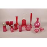 A selection of coloured glassware, mainly cranberry to include Victorian examples. Slight chips