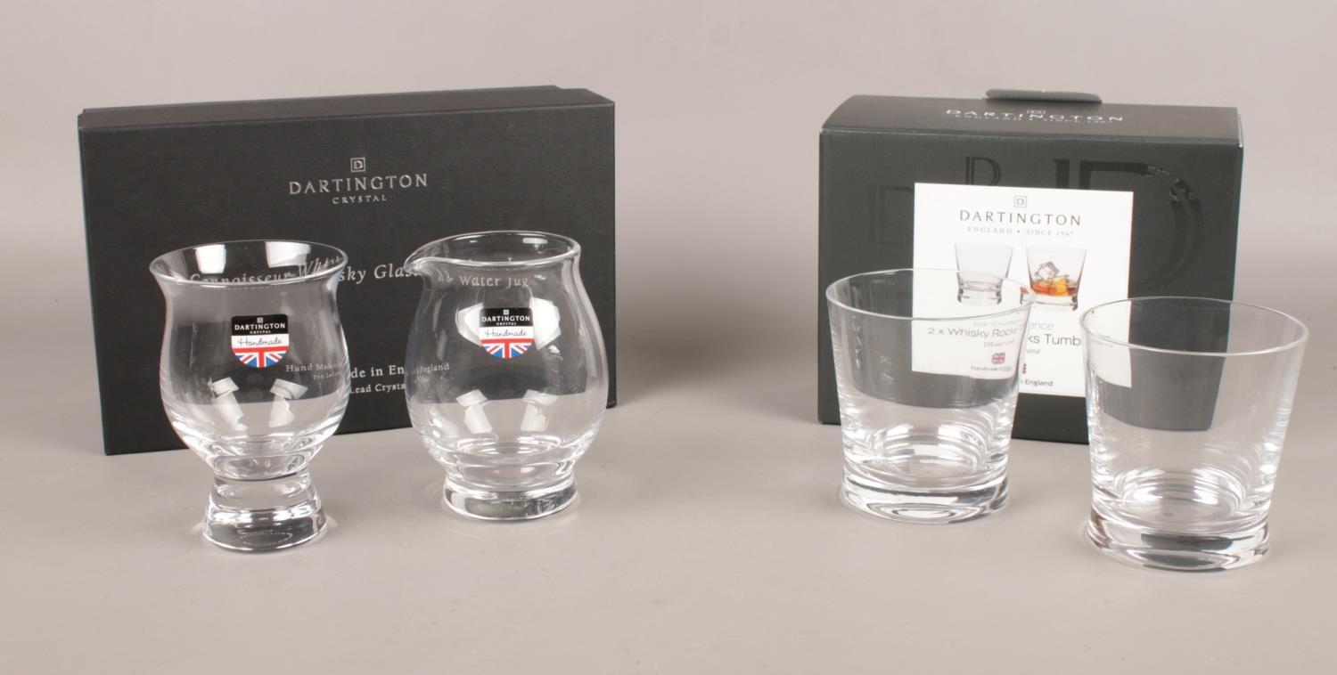 Dartington Crystal. Connoisseur Whisky Glass & Water Jug boxed. To include Two Whisky Rocks