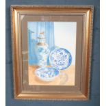 Marjorie Howard, gilt framed watercolour, still life oriental blue & white ceramics.