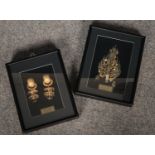 Two framed 24 k gold plated Korean National Treasure jewellery. (21cm x 26cm)(boxed)