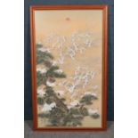 A large oriental framed painting of red crowned cranes. Height 103cm width 37cm.