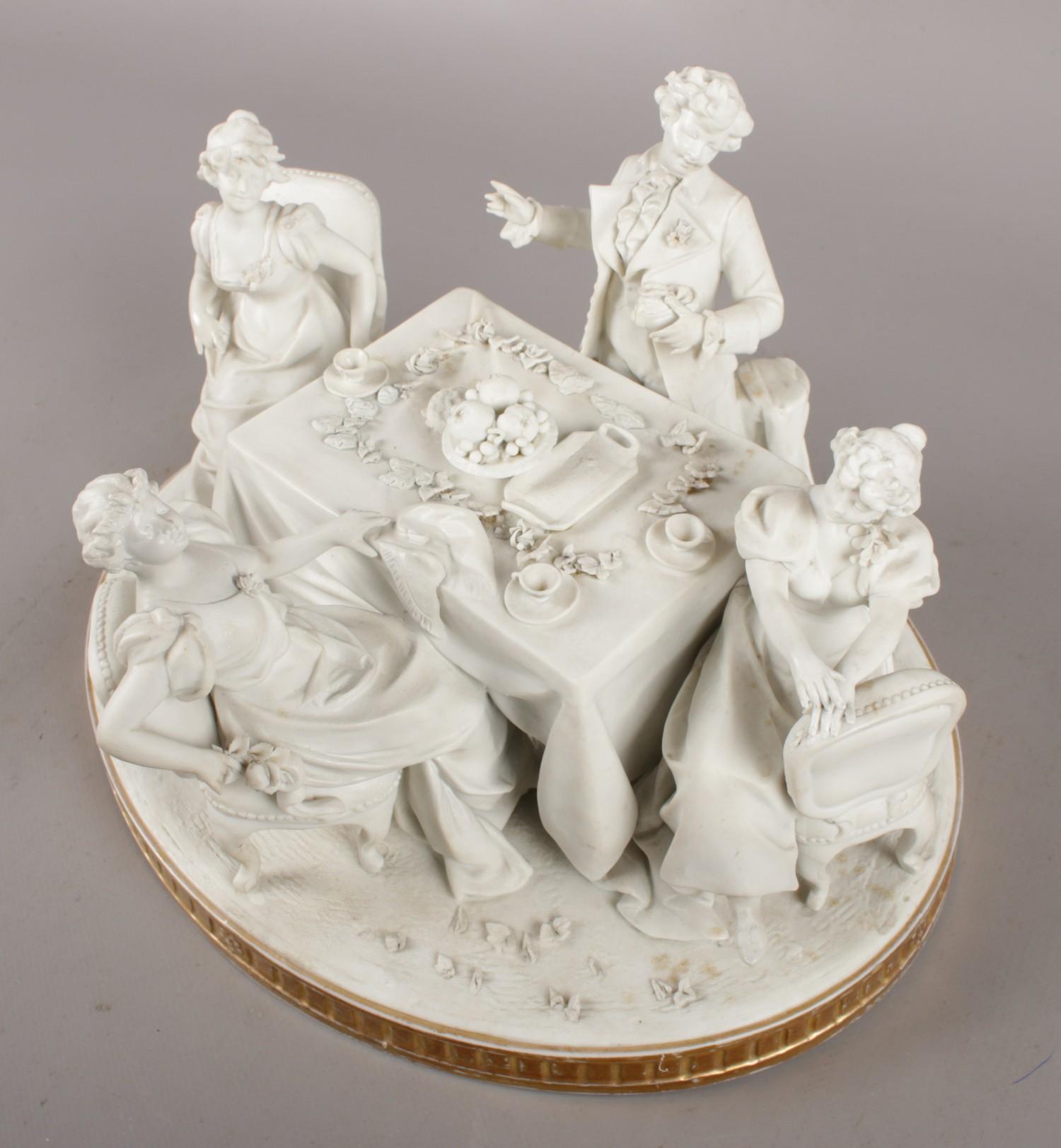 An early Sevres style bisque figure group depicting a dinner party, bearing inverted L symbol to - Image 3 of 3