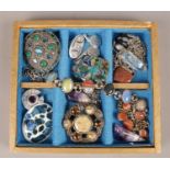 A box of Scottish costume jewellery. Including pebble and paste set examples etc.