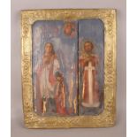 An interesting religious icon on period panel, with later brass frame. (43cm x 34cm). Flaking to