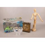 A group of collectables. Includes Waterford Crystal Marquis bowl, wood artist mannequin, Westclox