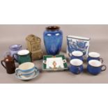 A Royal Copenhagen rectangular vase along with a collection of stoneware. Including cups, vase,