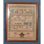 A framed needlework sampler. With alphabet, numbers and two cherubs. (46cm x 38cm).