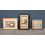 Three oriental framed pictures. Comprising of two pictures painted on material, together with a