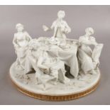 An early Sevres style bisque figure group depicting a dinner party, bearing inverted L symbol to